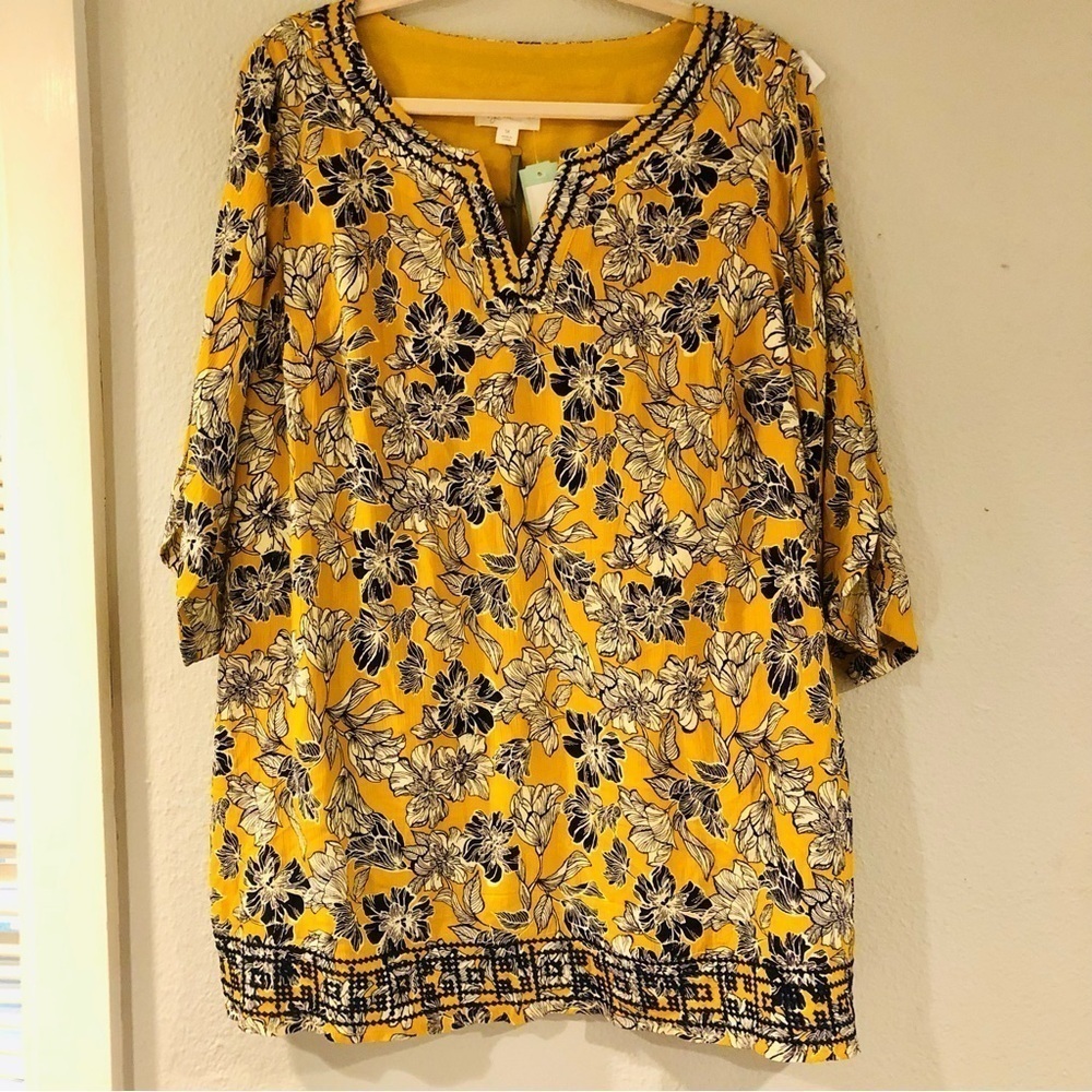Magnolia Grace Womens Size 1X Mustard & Blue Floral Tunic Top Embroidered Trim - Picture 5 of 11